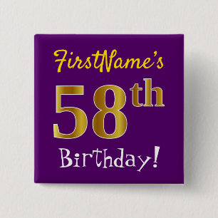 Purple, Faux Gold 58th Birthday, With Custom Name 15 Cm Square Badge