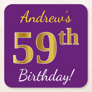 Purple, Faux Gold 59th Birthday + Custom Name Square Paper Coaster