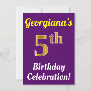 Purple, Faux Gold 5th Birthday Celebration + Name Invitation