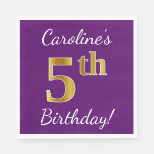 Purple, Faux Gold 5th Birthday + Custom Name Napkin