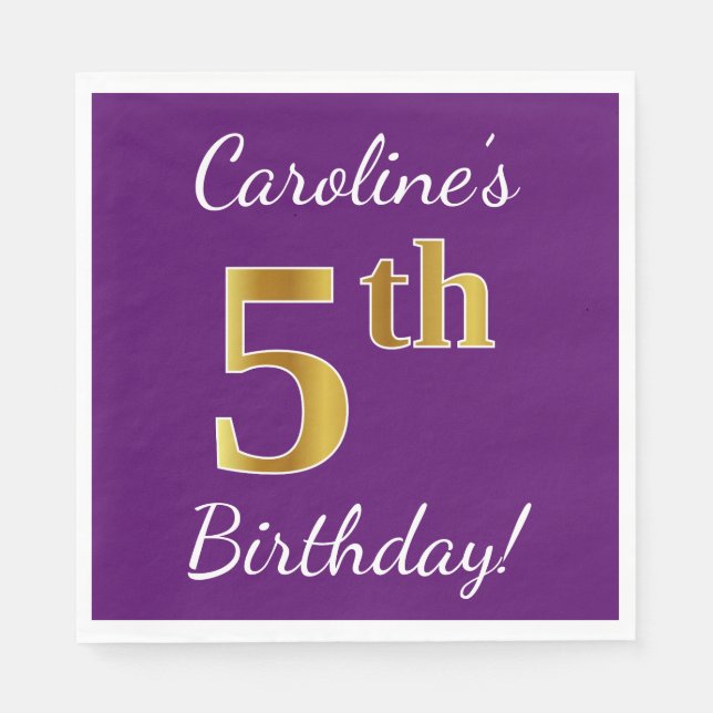 Purple, Faux Gold 5th Birthday + Custom Name Napkin (Front)