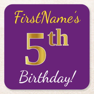 Purple, Faux Gold 5th Birthday + Custom Name Square Paper Coaster