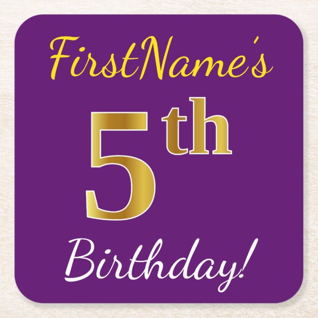 Purple, Faux Gold 5th Birthday + Custom Name Square Paper Coaster (Front)