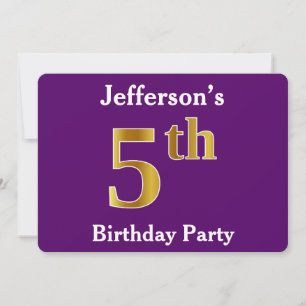 Purple, Faux Gold 5th Birthday Party + Custom Name Invitation
