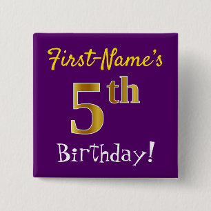 Purple, Faux Gold 5th Birthday, With Custom Name 15 Cm Square Badge