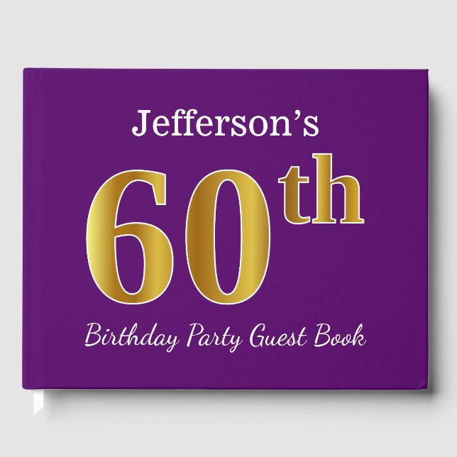 Purple, Faux Gold 60th Birthday Party; Custom Name Guest Book (Front)