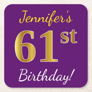 Purple, Faux Gold 61st Birthday + Custom Name Square Paper Coaster