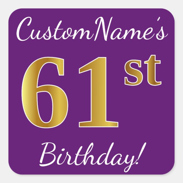 Purple, Faux Gold 61st Birthday + Custom Name Square Sticker (Front)