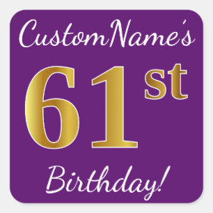 Purple, Faux Gold 61st Birthday + Custom Name Square Sticker