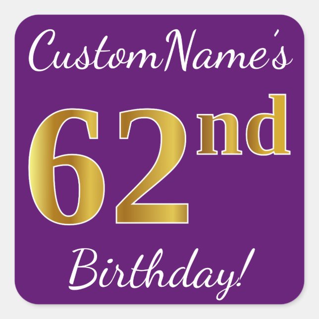 Purple, Faux Gold 62nd Birthday + Custom Name Square Sticker (Front)