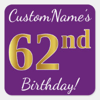 Purple, Faux Gold 62nd Birthday + Custom Name