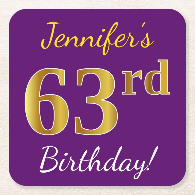 Purple, Faux Gold 63rd Birthday + Custom Name Square Paper Coaster (Front)