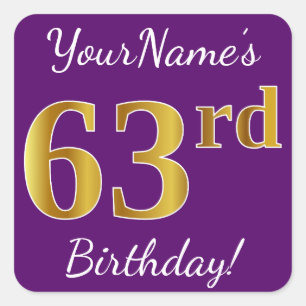 Purple, Faux Gold 63rd Birthday + Custom Name Square Sticker