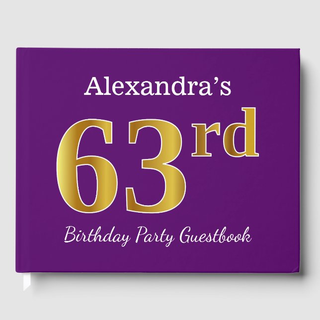 Purple, Faux Gold 63rd Birthday Party; Custom Name Guest Book (Front)