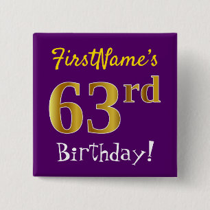 Purple, Faux Gold 63rd Birthday, With Custom Name 15 Cm Square Badge