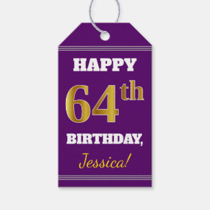 Purple, Faux Gold 64th Birthday + Custom Name Gift Tags