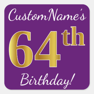 Purple, Faux Gold 64th Birthday + Custom Name Square Sticker