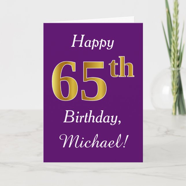 Purple, Faux Gold 65th Birthday + Custom Name Card (Front)