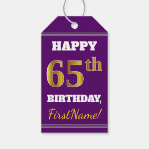 Purple, Faux Gold 65th Birthday + Custom Name Gift Tags