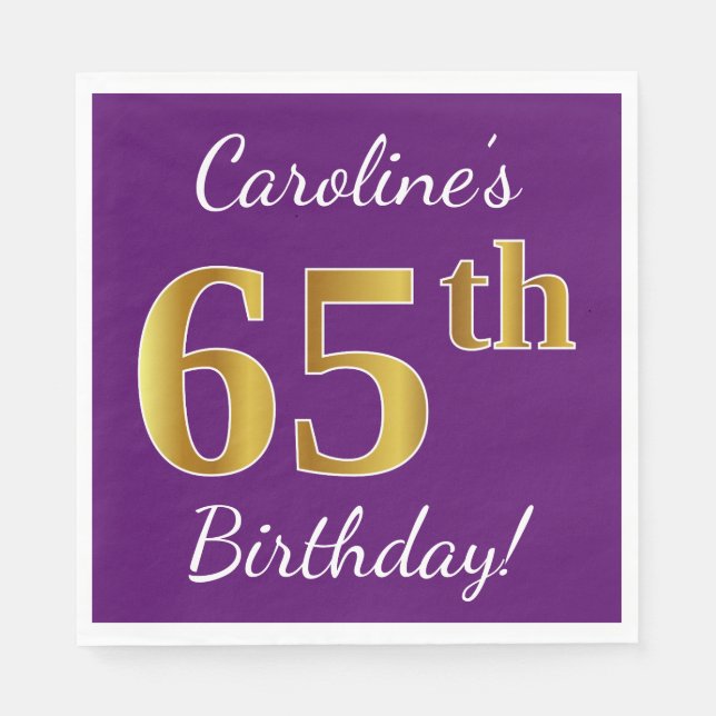 Purple, Faux Gold 65th Birthday + Custom Name Napkin (Front)