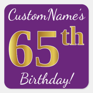 Purple, Faux Gold 65th Birthday + Custom Name Square Sticker