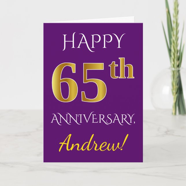 Purple, Faux Gold 65th Wedding Anniversary + Name Card (Front)