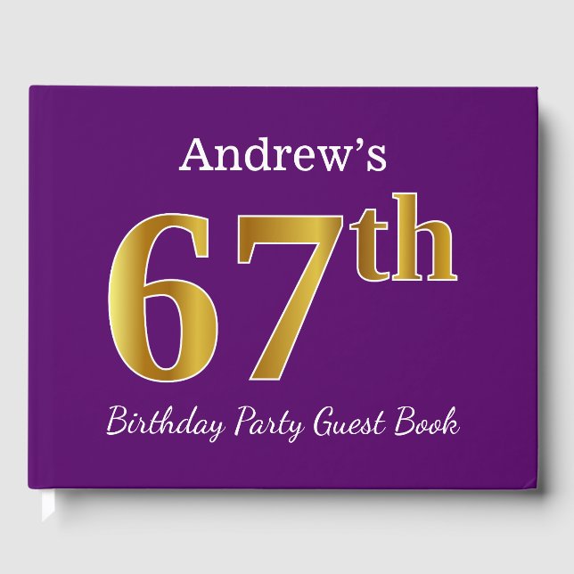 Purple, Faux Gold 67th Birthday Party; Custom Name Guest Book (Front)