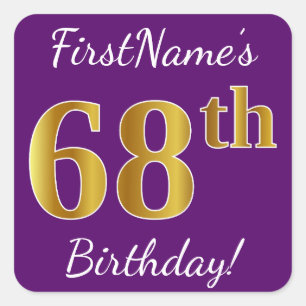 Purple, Faux Gold 68th Birthday + Custom Name Square Sticker