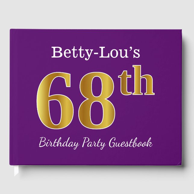 Purple, Faux Gold 68th Birthday Party; Custom Name Guest Book (Front)