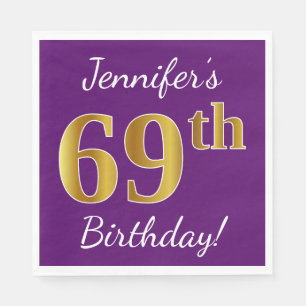 Purple, Faux Gold 69th Birthday + Custom Name Napkin