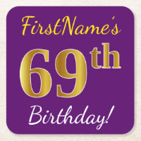 Purple, Faux Gold 69th Birthday + Custom Name