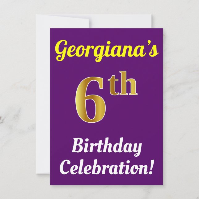Purple, Faux Gold 6th Birthday Celebration + Name Invitation (Front)