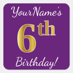 Purple, Faux Gold 6th Birthday + Custom Name Square Sticker