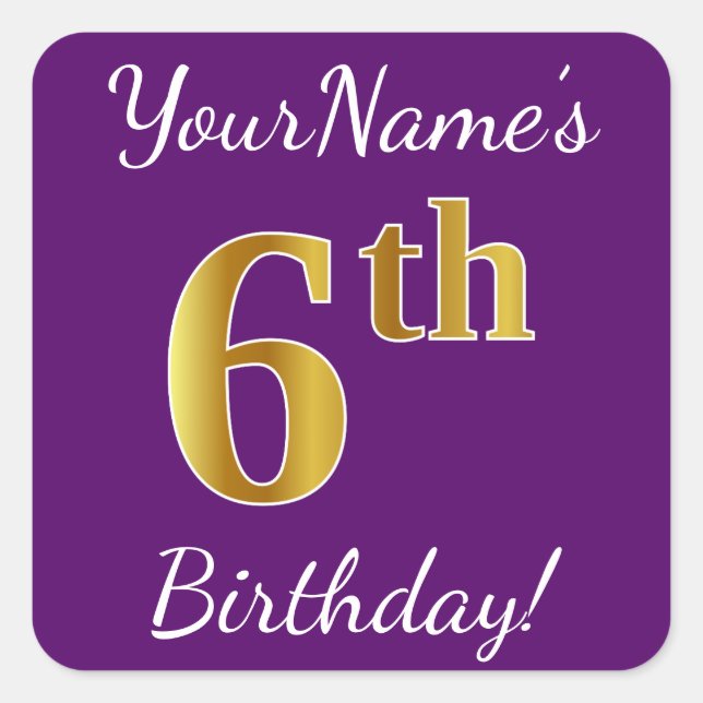 Purple, Faux Gold 6th Birthday + Custom Name Square Sticker (Front)
