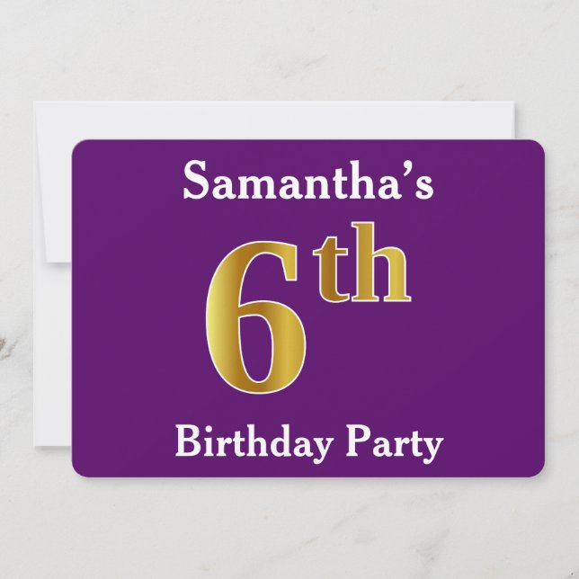 Purple, Faux Gold 6th Birthday Party + Custom Name Invitation (Front)