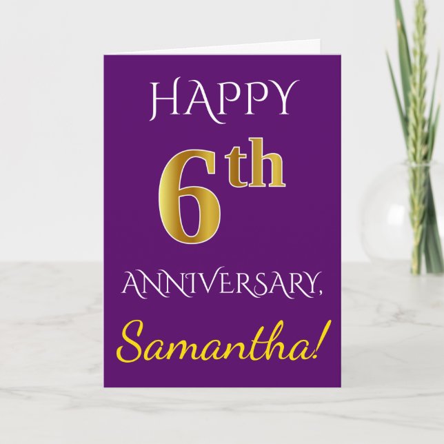 Purple, Faux Gold 6th Wedding Anniversary + Name Card (Front)