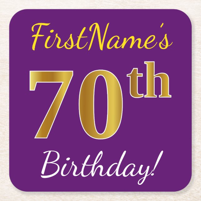 Purple, Faux Gold 70th Birthday + Custom Name Square Paper Coaster (Front)