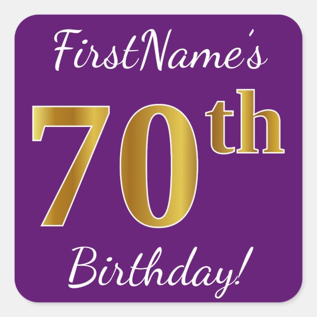 Purple, Faux Gold 70th Birthday + Custom Name Square Sticker (Front)