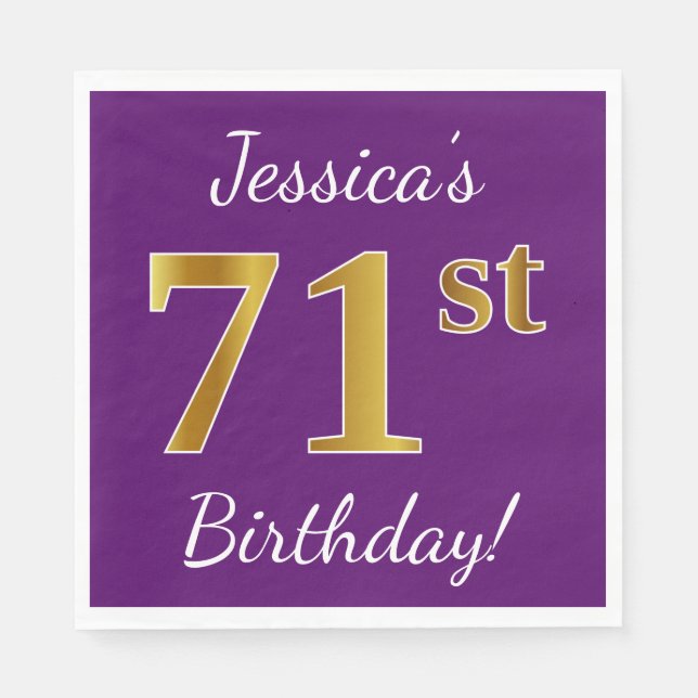 Purple, Faux Gold 71st Birthday + Custom Name Napkin (Front)