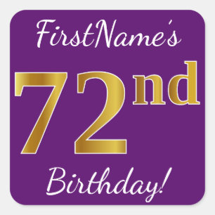Purple, Faux Gold 72nd Birthday + Custom Name Square Sticker