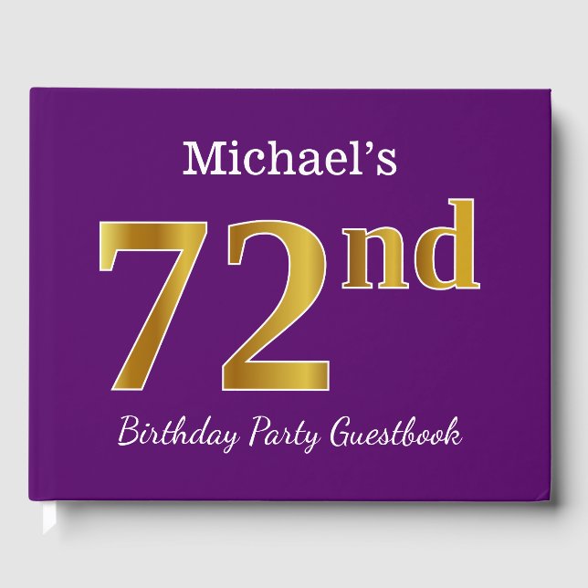 Purple, Faux Gold 72nd Birthday Party; Custom Name Guest Book (Front)