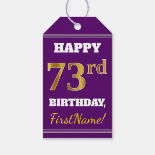 Purple, Faux Gold 73rd Birthday + Custom Name Gift Tags