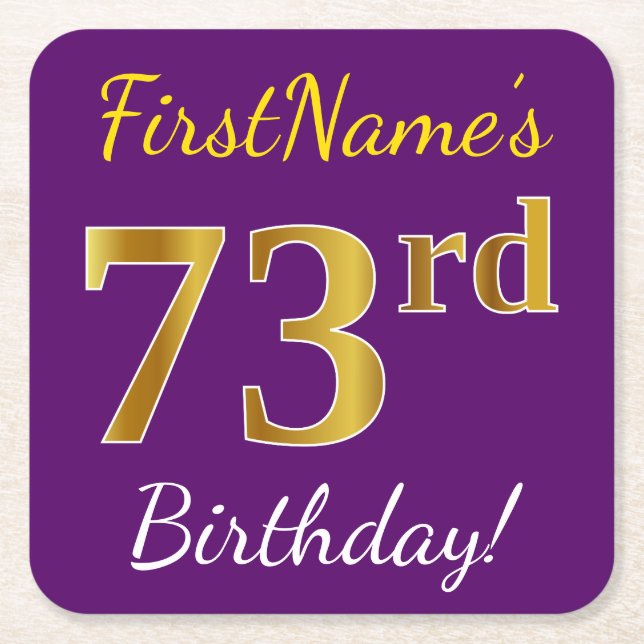 Purple, Faux Gold 73rd Birthday + Custom Name Square Paper Coaster (Front)