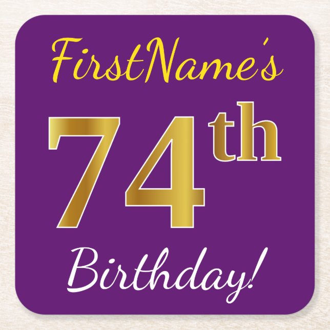 Purple, Faux Gold 74th Birthday + Custom Name Square Paper Coaster (Front)