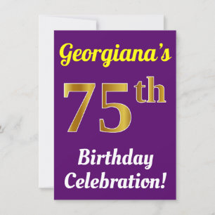 Purple, Faux Gold 75th Birthday Celebration + Name Invitation