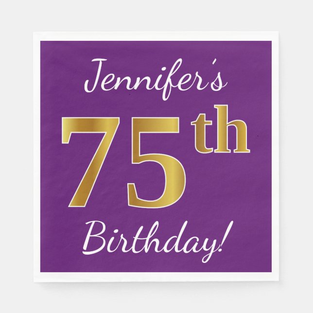 Purple, Faux Gold 75th Birthday + Custom Name Napkin (Front)