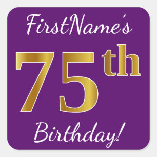 Purple, Faux Gold 75th Birthday + Custom Name Square Sticker
