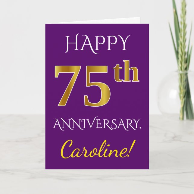 Purple, Faux Gold 75th Wedding Anniversary + Name Card (Front)