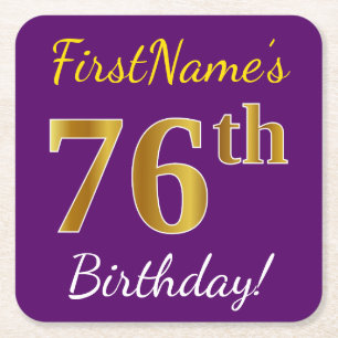 Purple, Faux Gold 76th Birthday + Custom Name Square Paper Coaster