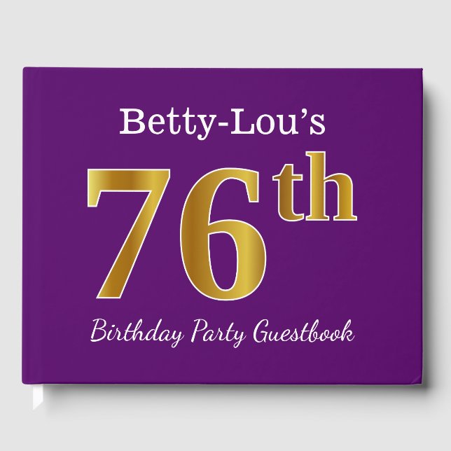 Purple, Faux Gold 76th Birthday Party; Custom Name Guest Book (Front)